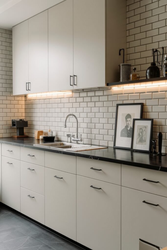 Inspiring Styles to Refresh Your White Kitchen Cabinets 6 Sleek kitchen design with flat white cabinets, black countertop, white subway tile backsplash, and framed monochrome portraits creating a modern, gallery-like feel.