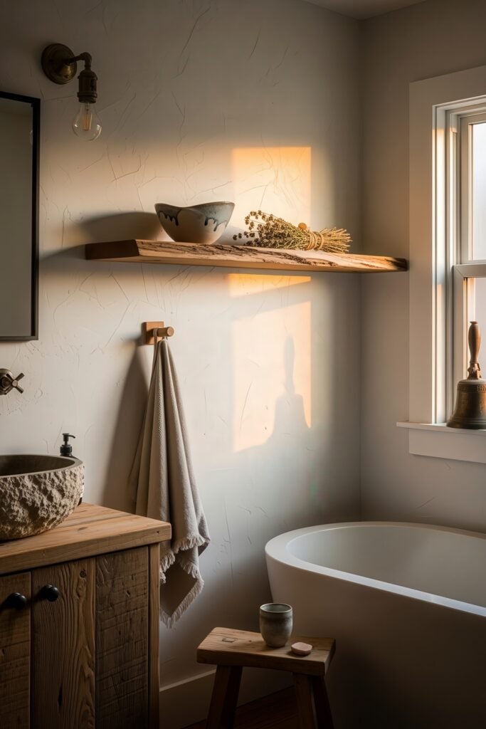 Gorgeous Ways to Elevate Your Bathroom Shelf Decor 7 Sunlit bathroom with a freestanding tub, textured stone sink, and raw wood surfaces, highlighted by a live-edge shelf displaying handcrafted pottery and dried flowers that create a serene, natural vibe.