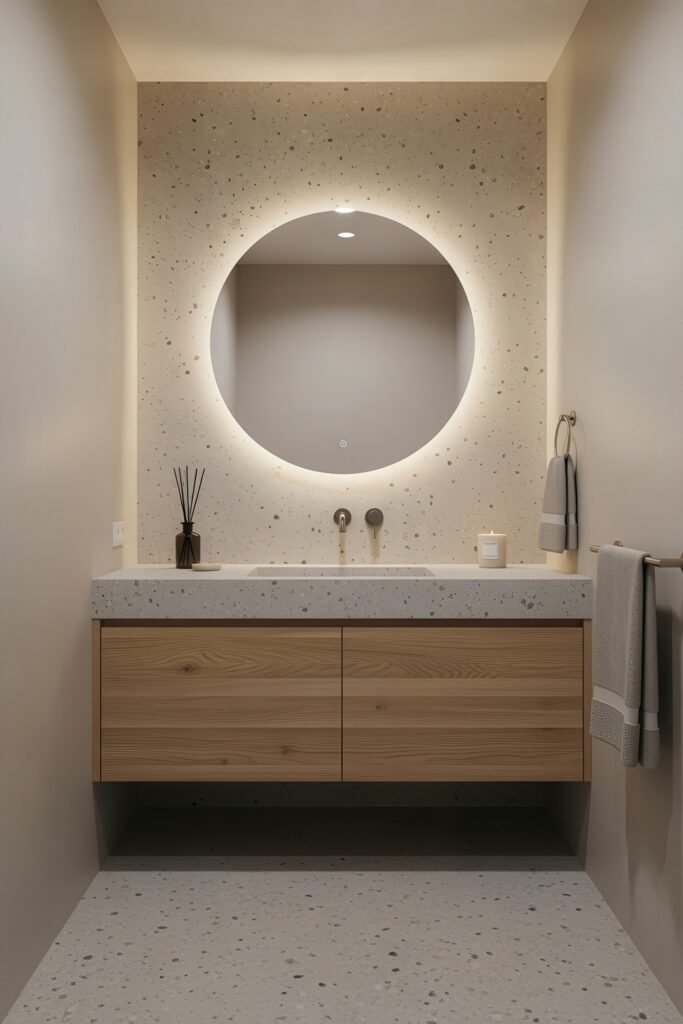 Creative Ways to Elevate Your Bathroom Wall Decor 6 Sleek bathroom with terrazzo-inspired surfaces, a wood vanity, and a round backlit mirror, enhanced by soft tones and tidy accessories that complement the bathroom decor.