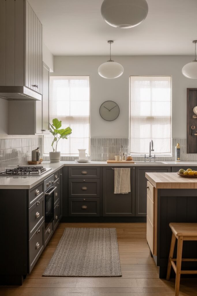 Stunning Ways to Style Black Kitchen Cabinets 9 Light-filled kitchen with black kitchen cabinets, wood countertops, vertical gray backsplash tile, and white globe pendant lights, accented by a wooden island and a wall clock between two tall windows.