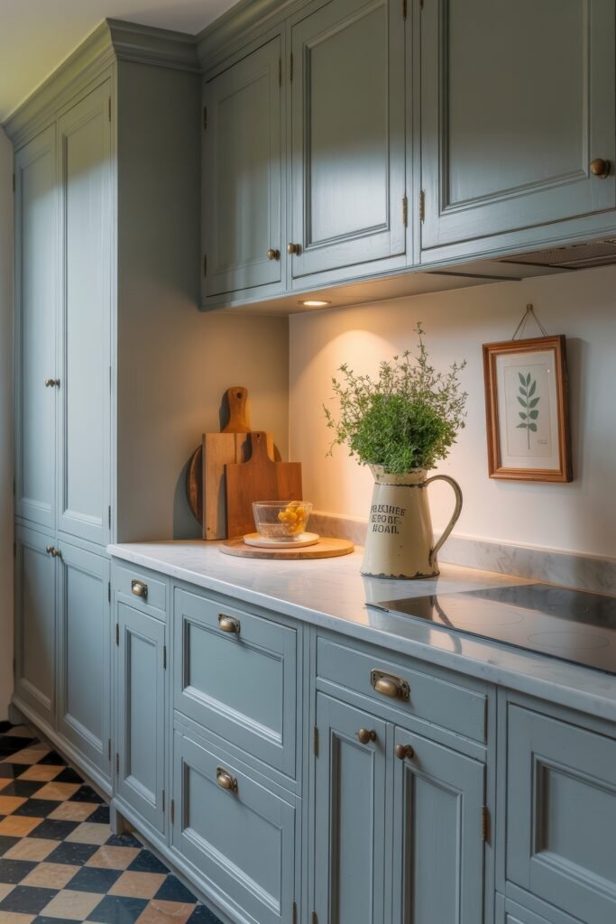 Inspiring Looks for Blue Kitchen Cabinets in Every Style 7 Narrow kitchen with soft gray-blue cabinets, under-cabinet lighting, a marble counter, vintage jug planter with herbs, and warm wooden cutting boards as decor.