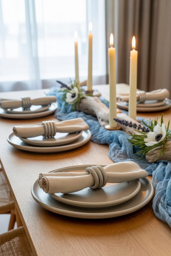 Breezy Blues & Driftwood Accents: Coastal Thanksgiving Tablescapes 7 Refined coastal table setting with tall taper candles, driftwood, white flowers, and rolled napkins secured by knotted rope rings atop soft blue fabric.