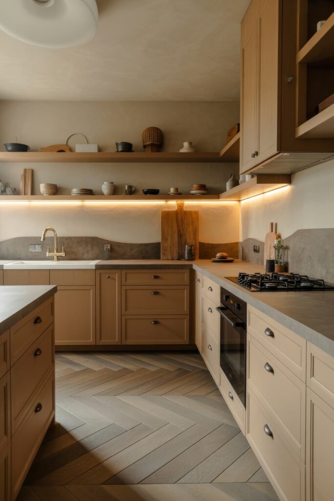 Rustic‑Modern Kitchen Ideas for Warm, Sleek Style 7 Earth-toned kitchen with herringbone wood flooring, floating shelves with ceramic dishes, under-cabinet lighting, and a blend of modern and rustic design finishes.