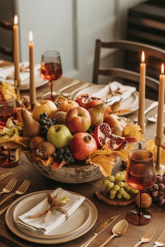 Effortless Harvest Table Looks: Thanksgiving Tablescapes Simple & Chic 5 Warm and inviting Thanksgiving table with a large bowl of seasonal fruits including apples, pears, grapes, and pomegranates, flanked by tall taper candles and amber glassware on a wooden table.