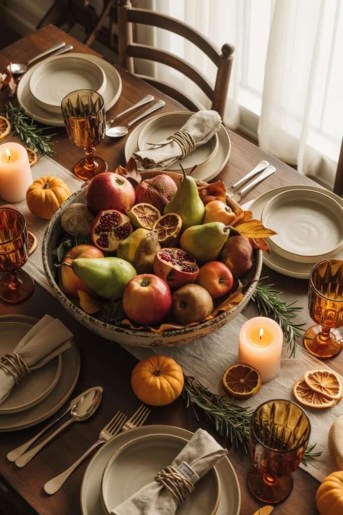 Effortless Harvest Table Looks: Thanksgiving Tablescapes Simple & Chic 6 Earthy Thanksgiving table featuring a bowl filled with fresh and dried fruits like apples, pears, oranges, and pomegranates, accented with rosemary sprigs, mini pumpkins, candles, and amber goblets.