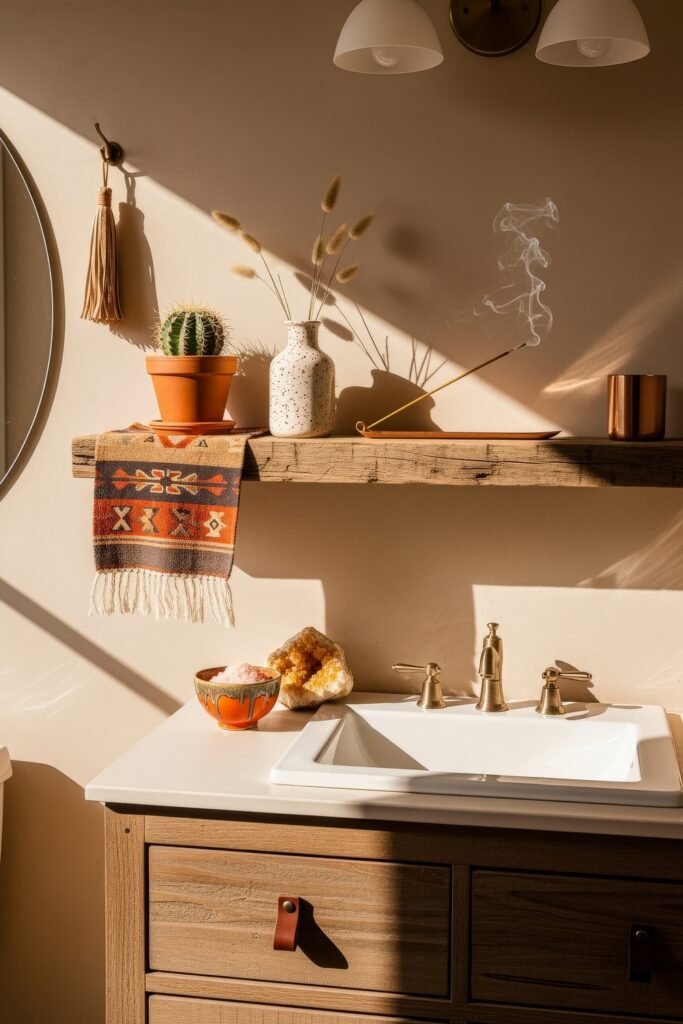 Gorgeous Ways to Elevate Your Bathroom Shelf Decor 8 Warm-toned bathroom with southwestern-inspired bathroom shelf decor, including a cactus, ceramic vase, burning incense, patterned textile, and a golden light casting shadows across natural wood and brass finishes.