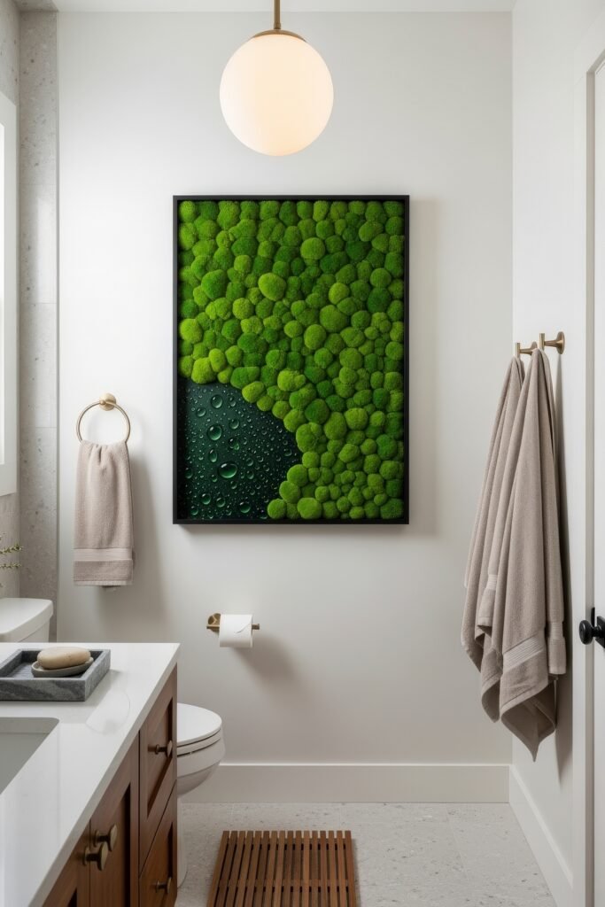 Creative Ways to Elevate Your Bathroom Wall Decor 7 Modern bathroom with white walls and a striking green moss wall art, creating an organic focal point complemented by warm wood cabinetry and soft beige towels.