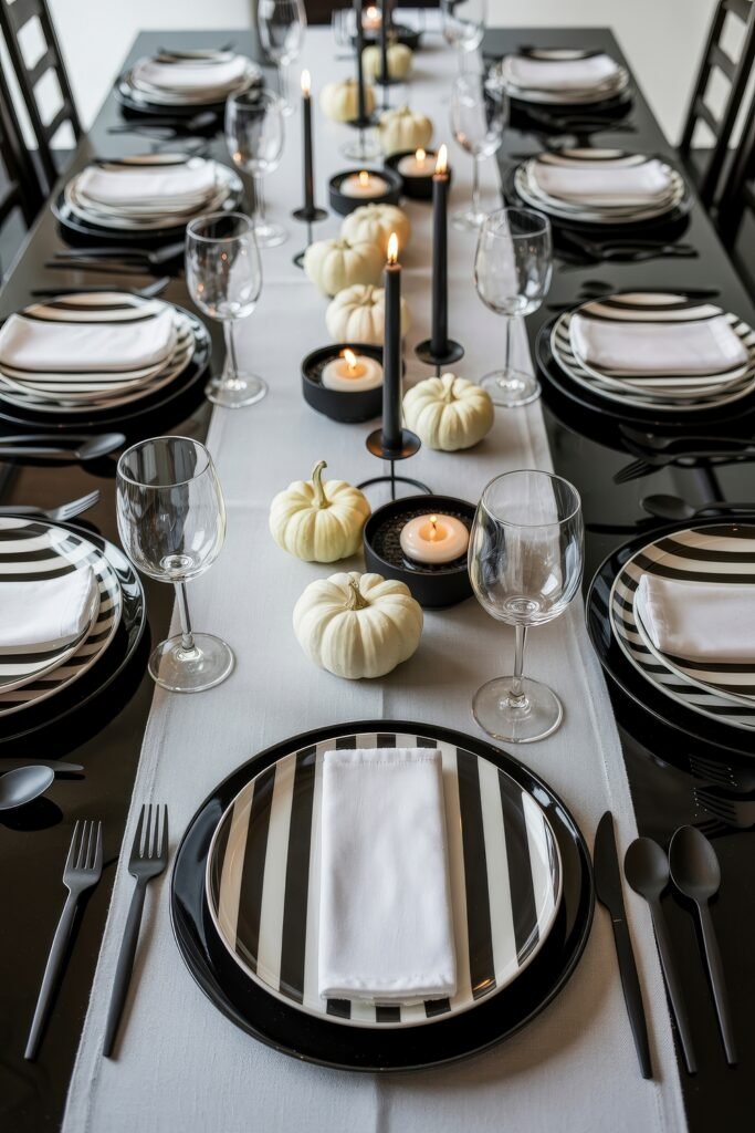 Monochrome Marvels: Black & White Thanksgiving Tablescapes 8 Clean and graphic black and white thanksgiving tablescape with striped plates, white napkins, black taper candles, and clusters of small white pumpkins running along a white table runner.
