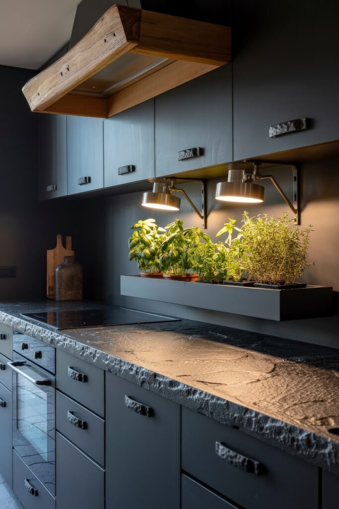 Stunning Ways to Style Black Kitchen Cabinets 10 Modern black kitchen with textured stone countertops and matte black cabinetry, featuring under-cabinet grow lights illuminating a row of fresh herbs beneath a rustic wood vent hood.