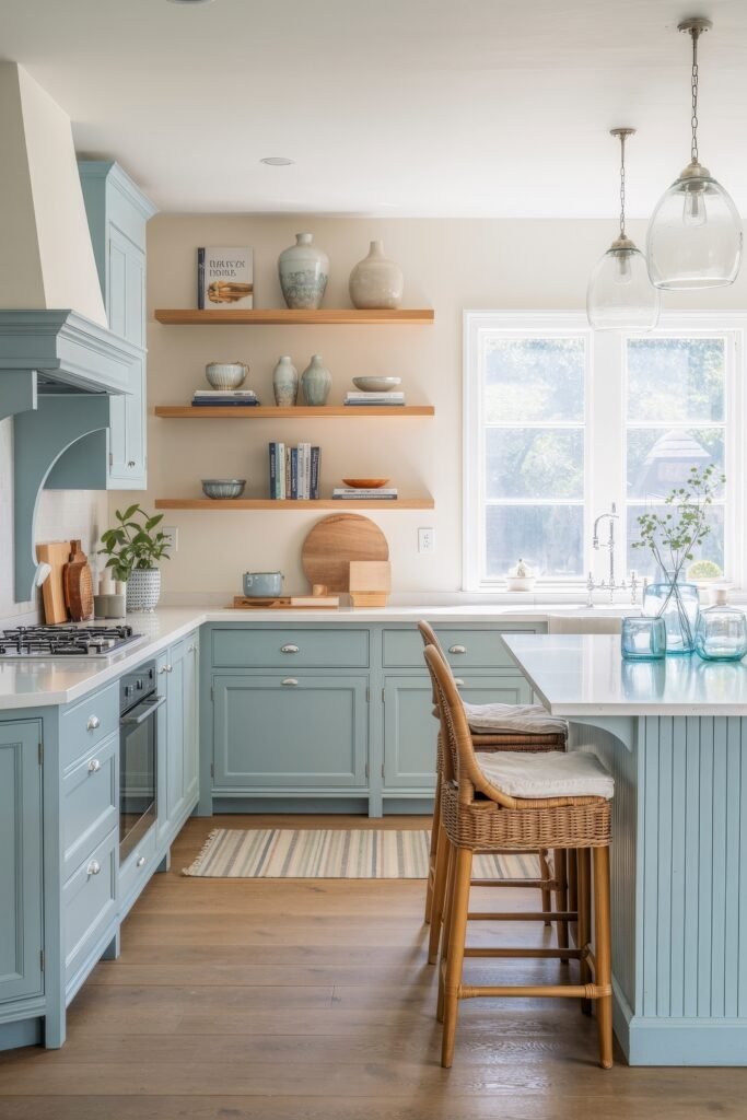 Inspiring Looks for Blue Kitchen Cabinets in Every Style 8 Airy coastal kitchen with light blue cabinets, rattan bar stools, floating wood shelves, and sunlit windows, creating a relaxed and open atmosphere.