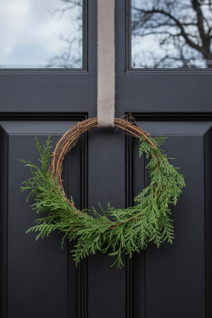 Front Door Cheer: Christmas Door Decorations Outdoor Ideas 11 A simple rustic wreath made of bare twigs and green pine sprigs hangs from a neutral ribbon on a black door, offering a minimalist touch of christmas door decorations outdoor.