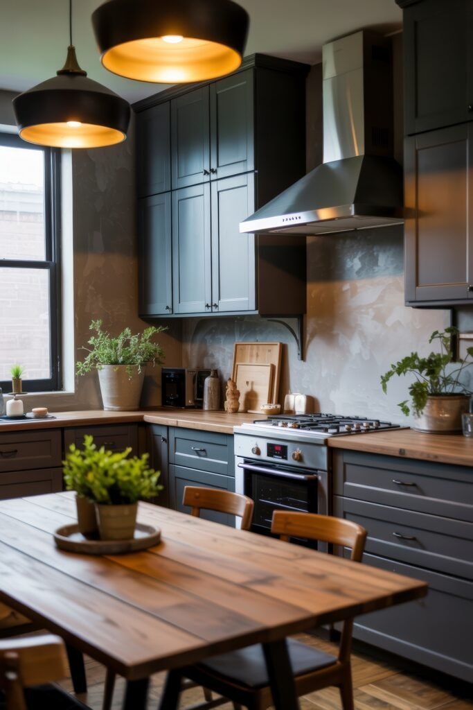 Rustic‑Modern Kitchen Ideas for Warm, Sleek Style 8 Modern kitchen with dark blue cabinetry, light wood countertops, stainless steel range hood, potted plants, and warm pendant lighting over a wooden dining table.