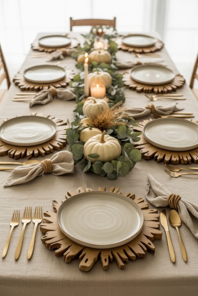 Effortless Harvest Table Looks: Thanksgiving Tablescapes Simple & Chic 7 Soft and natural Thanksgiving tablescape with round wooden chargers, beige plates, light linen napkins, and a centerpiece of white pumpkins, eucalyptus, candles, and dried grasses.