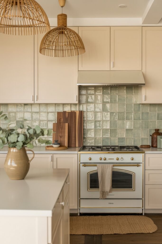 Inspiring Styles to Refresh Your White Kitchen Cabinets 7 Bright kitchen with creamy white cabinets, soft green tile backsplash, and vintage-style oven, warmed by wicker pendant lights and natural wood accents.