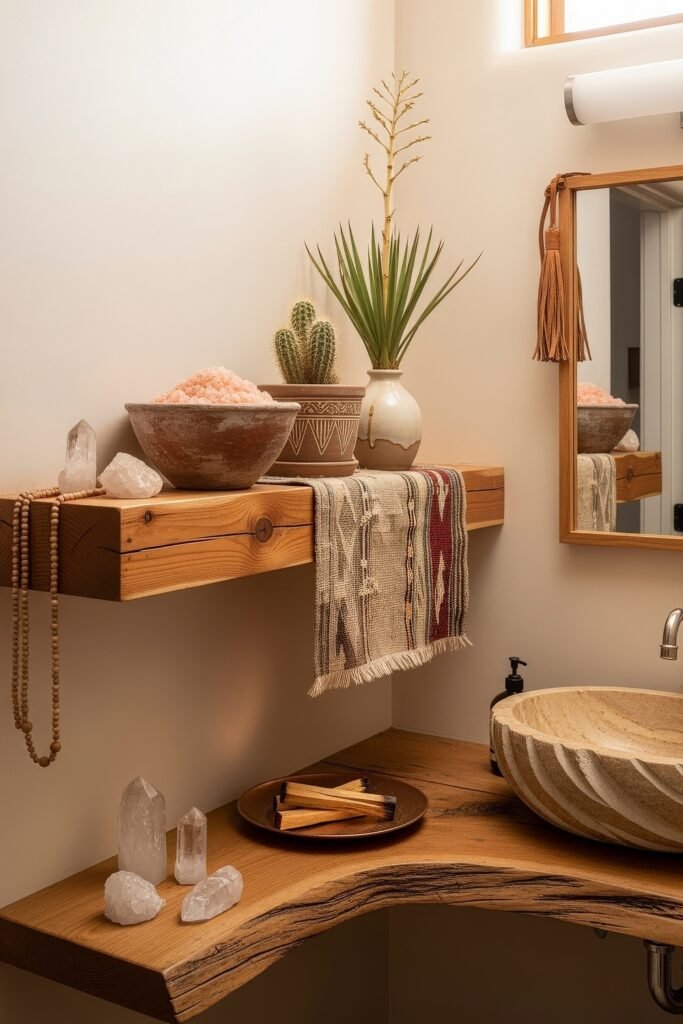 Gorgeous Ways to Elevate Your Bathroom Shelf Decor 9 Earthy bathroom decorated with desert-inspired elements like cacti, a bowl of pink bath salts, woven fabric, crystals, and wood tones, all arranged on a rustic bathroom shelf and counter with a carved stone sink.
