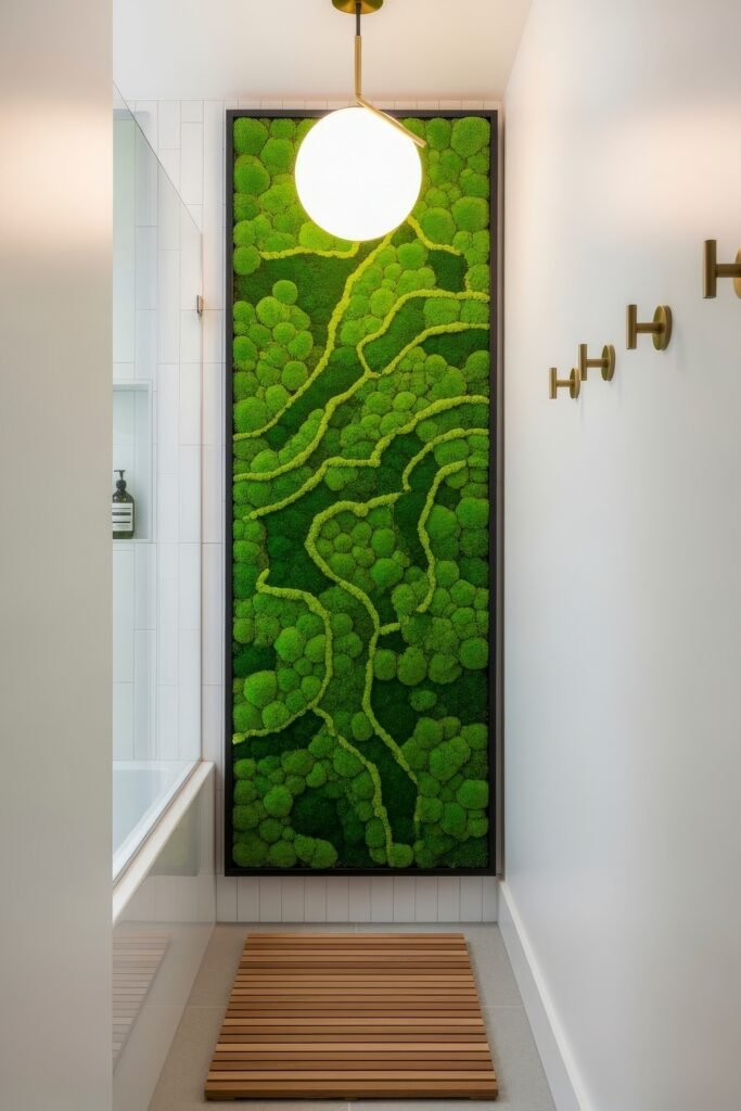 Creative Ways to Elevate Your Bathroom Wall Decor 8 Contemporary bathroom with a tall vertical moss wall art panel resembling flowing river paths, illuminated by a round pendant light and paired with brass hooks and minimalist decor.