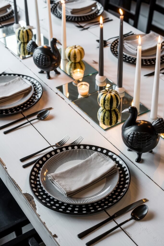 Monochrome Marvels: Black & White Thanksgiving Tablescapes 9 Playful monochrome thanksgiving table with patterned black and white plates, mirrored tile centerpiece, black turkey figurines, striped gourds, and tapered candles in black and white.