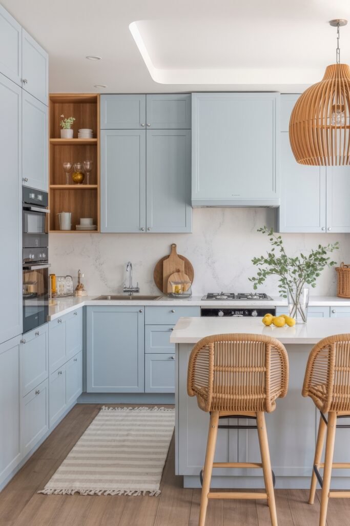Inspiring Looks for Blue Kitchen Cabinets in Every Style 9 Minimalist kitchen with pale blue cabinets, marble backsplash, rattan bar stools, and natural wood shelving adding warmth to the crisp, modern design.
