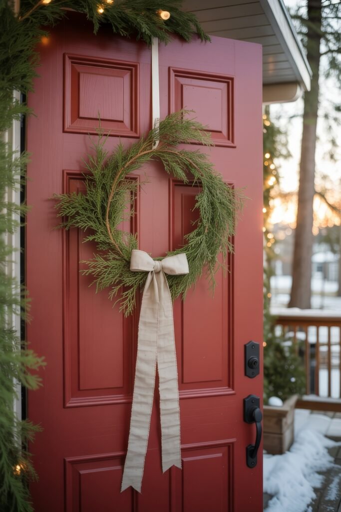 Front Door Cheer: Christmas Door Decorations Outdoor Ideas 12 A red front door decorated with a natural pine wreath and long beige bow, surrounded by soft outdoor lights and evergreen garland.