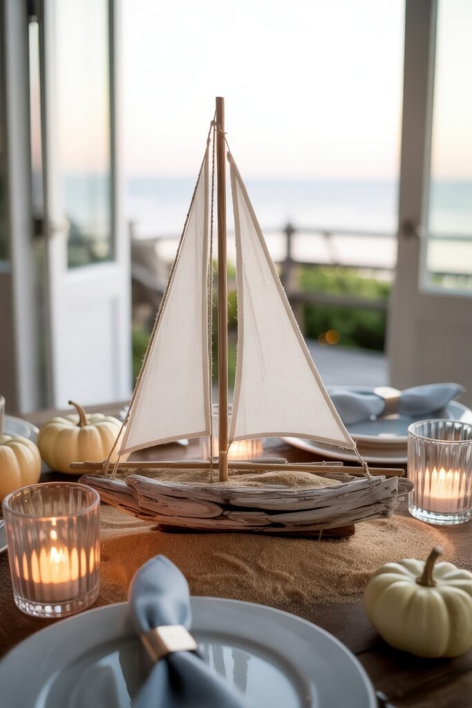 Breezy Blues & Driftwood Accents: Coastal Thanksgiving Tablescapes 8 Seaside-inspired Thanksgiving decor featuring a miniature sailboat centerpiece on sand, surrounded by white pumpkins, glass votives, and blue napkins at each place setting.