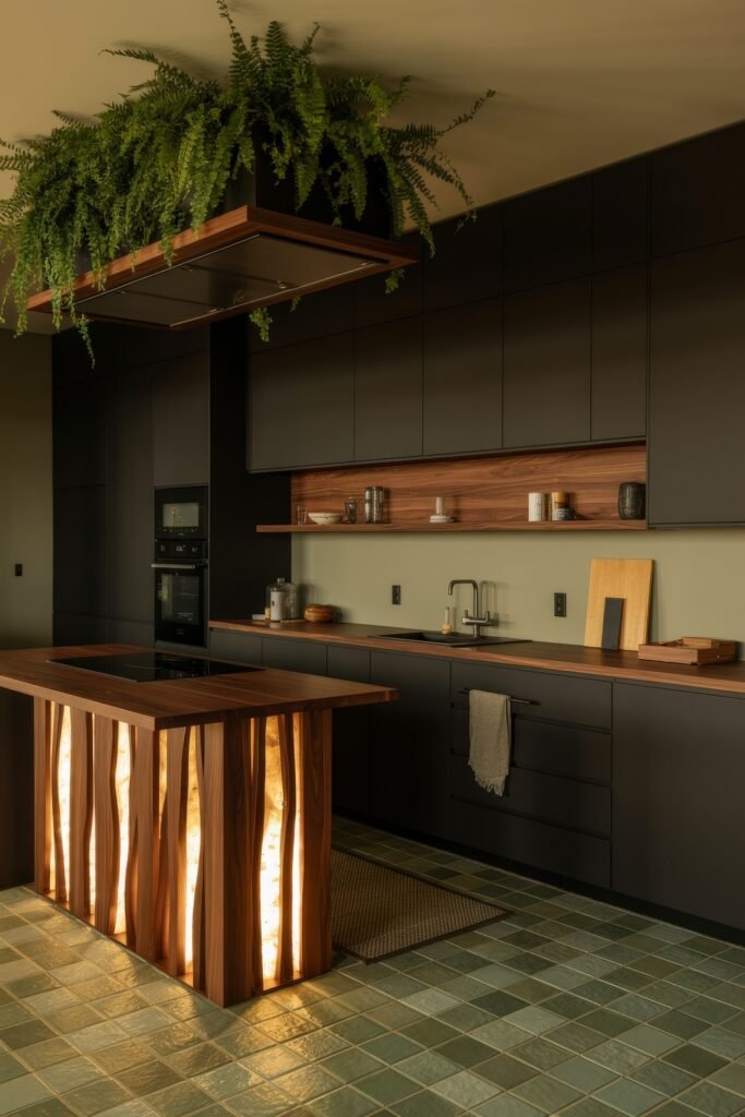 Chic Ways to Style a Modern Black Kitchen 8 Contemporary modern black kitchen with wood accents, a glowing sculptural island, green tile floor, and an overhead planter filled with lush greenery.
