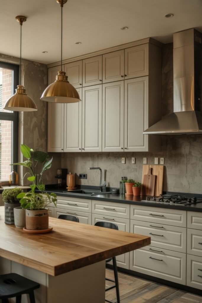 Rustic‑Modern Kitchen Ideas for Warm, Sleek Style 9 Urban-style kitchen with light gray cabinets, textured concrete walls, matte black countertops, wooden cutting boards, and gold pendant lighting over a butcher block island.