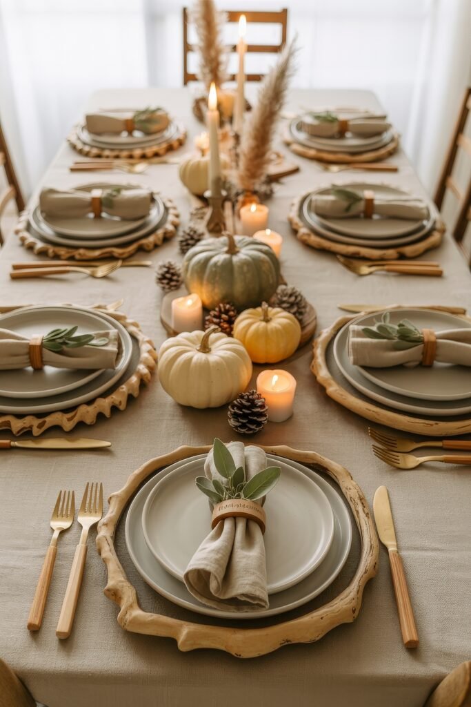 Effortless Harvest Table Looks: Thanksgiving Tablescapes Simple & Chic 8 Elegant neutral Thanksgiving table setting with organic-shaped wood chargers, white and pale green pumpkins, pinecones, taper candles, and sage-accented napkin rings for a refined rustic aesthetic.