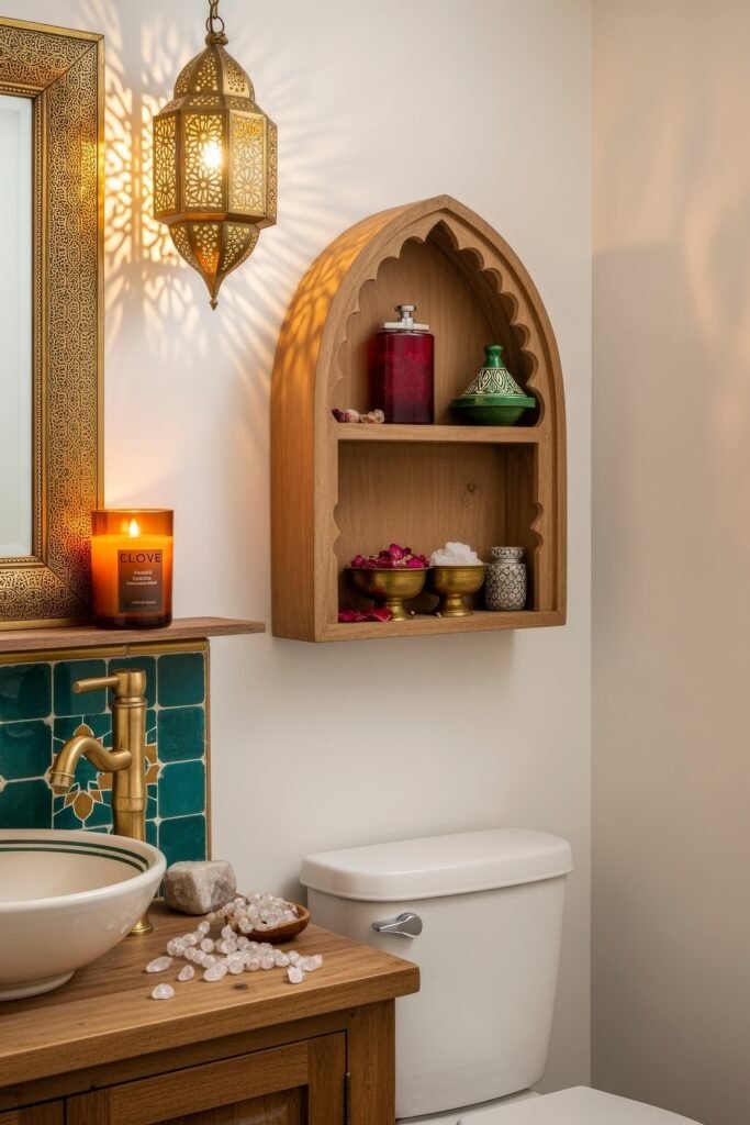 Gorgeous Ways to Elevate Your Bathroom Shelf Decor 10 Bohemian-style bathroom with ornate lighting, carved wood shelving, and a mix of decorative items such as vibrant glass bottles, brass bowls, rose petals, and crystals, all styled around a rich wood vanity and teal tiled backsplash.