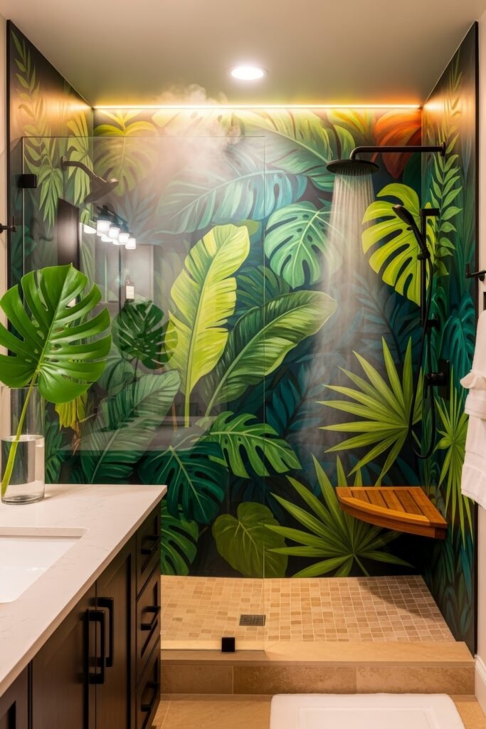 Creative Ways to Elevate Your Bathroom Wall Decor 9 Vibrant tropical-themed shower area featuring bold jungle leaf wall art, a wooden corner seat, black fixtures, and warm lighting that brings an exotic touch to the bathroom wall decor.