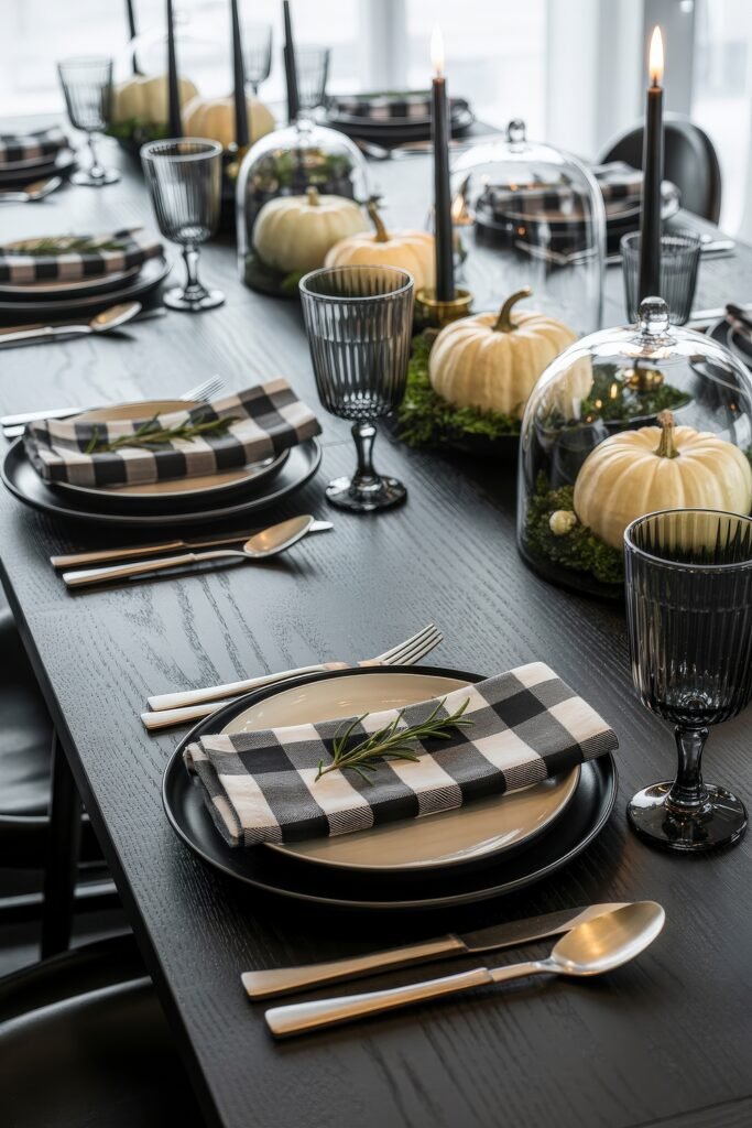 Monochrome Marvels: Black & White Thanksgiving Tablescapes 10 Refined black and white thanksgiving tablescape on a dark wood table with layered black dishes, plaid napkins, smoked glass goblets, black taper candles, and white pumpkins under glass domes.