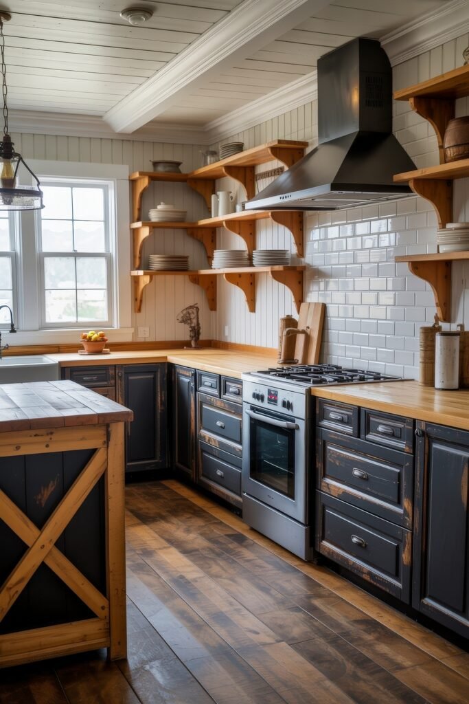 Stunning Ways to Style Black Kitchen Cabinets 11 Rustic kitchen with distressed black kitchen cabinets, butcher block countertops, open wood shelves, and white subway tile backsplash, centered around a stainless steel stove and industrial-style range hood.
