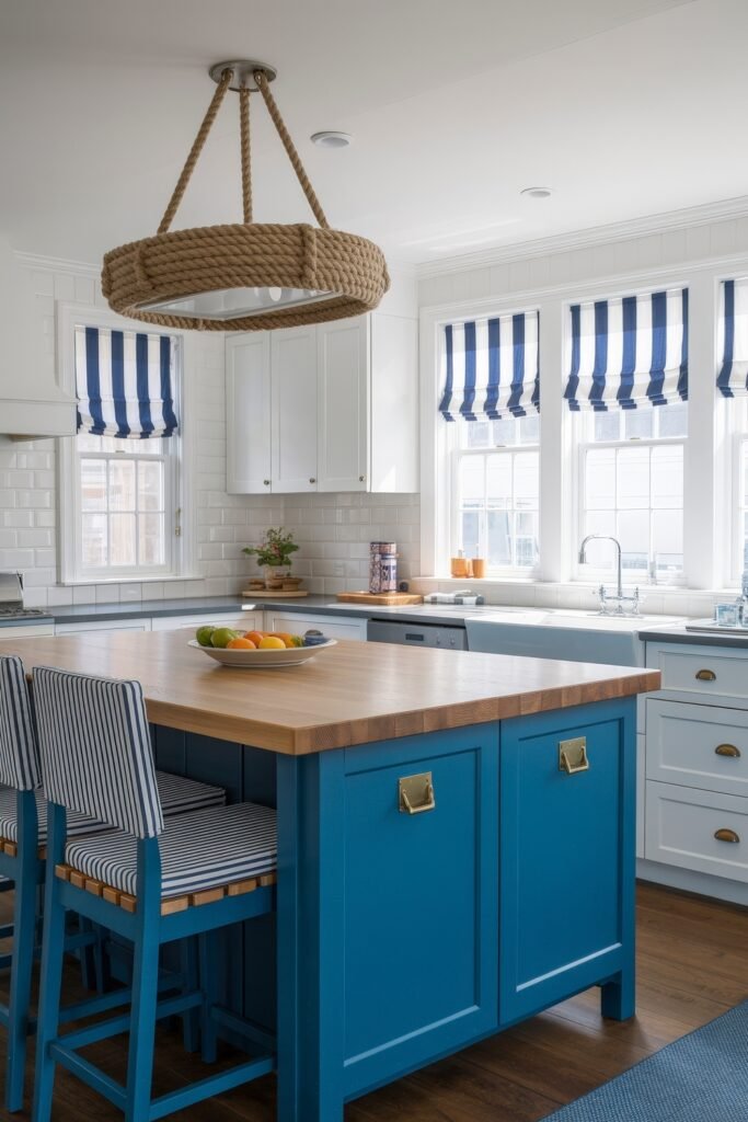 Inspiring Looks for Blue Kitchen Cabinets in Every Style 10 Nautical-inspired kitchen with crisp white upper cabinets, vivid blue island cabinets, striped Roman shades, and a thick rope chandelier above a wood countertop.