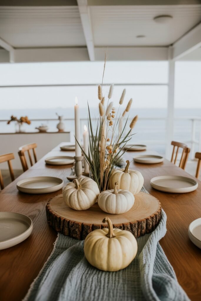 Breezy Blues & Driftwood Accents: Coastal Thanksgiving Tablescapes 9 Natural wood Thanksgiving table decorated with a large wood slice centerpiece, white pumpkins, and dried grasses, set against a backdrop of ocean views.