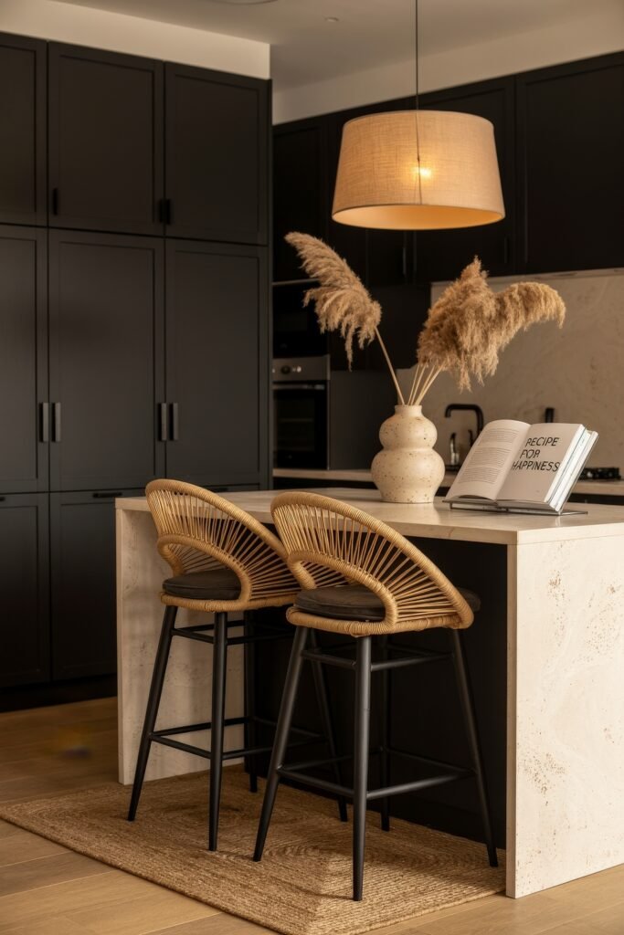 Chic Ways to Style a Modern Black Kitchen 9 Modern black kitchen with a light stone island, two woven bar stools, pampas grass in a ceramic vase, and a book titled “Recipe for Happiness” on display.
