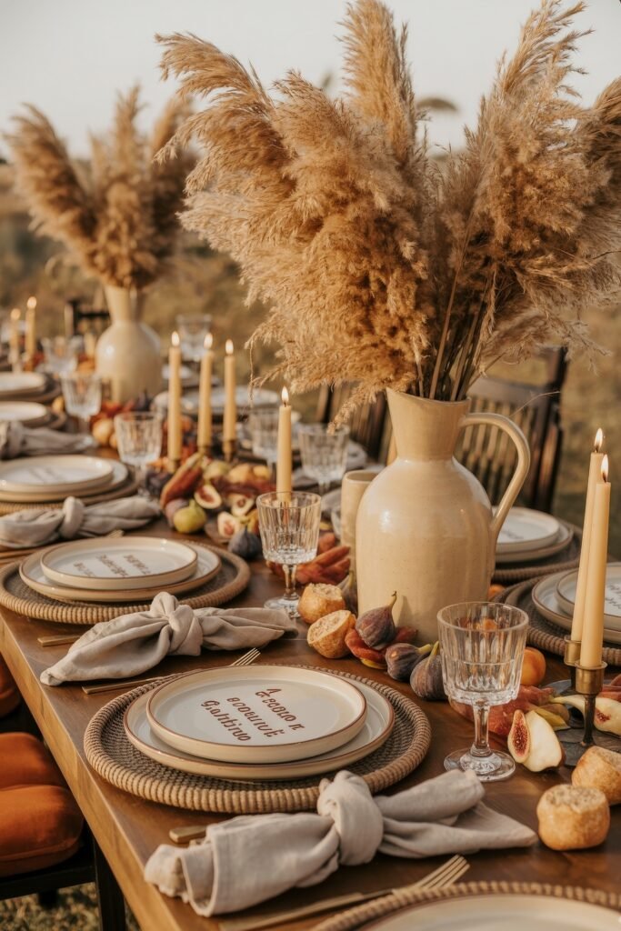 Effortless Harvest Table Looks: Thanksgiving Tablescapes Simple & Chic 9 Earth-toned outdoor Thanksgiving tablescape featuring neutral dinnerware, pampas grass in ceramic pitchers, taper candles, and a centerpiece of figs, bread, and rustic fruits on a wooden table.