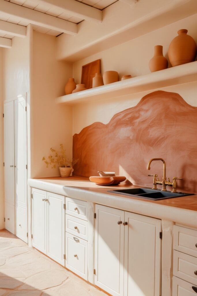 Inspiring Styles to Refresh Your White Kitchen Cabinets 8 Southwestern-inspired kitchen with white cabinets, rustic clay-toned backsplash art, and terracotta decor under soft natural light.