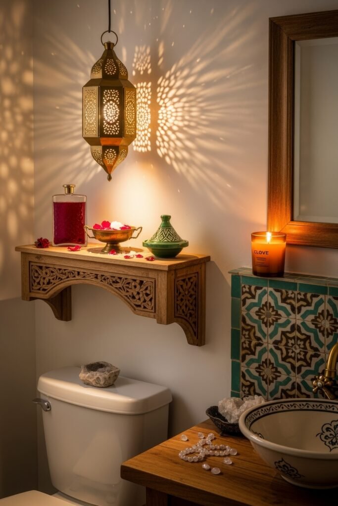 Gorgeous Ways to Elevate Your Bathroom Shelf Decor 11 Bohemian bathroom with an ornate carved wood shelf decorated with rose petals, a red decanter, green ceramic jar, and brass bowl, set beneath a glowing Moroccan lantern casting patterned shadows above tiled walls and a vessel sink.