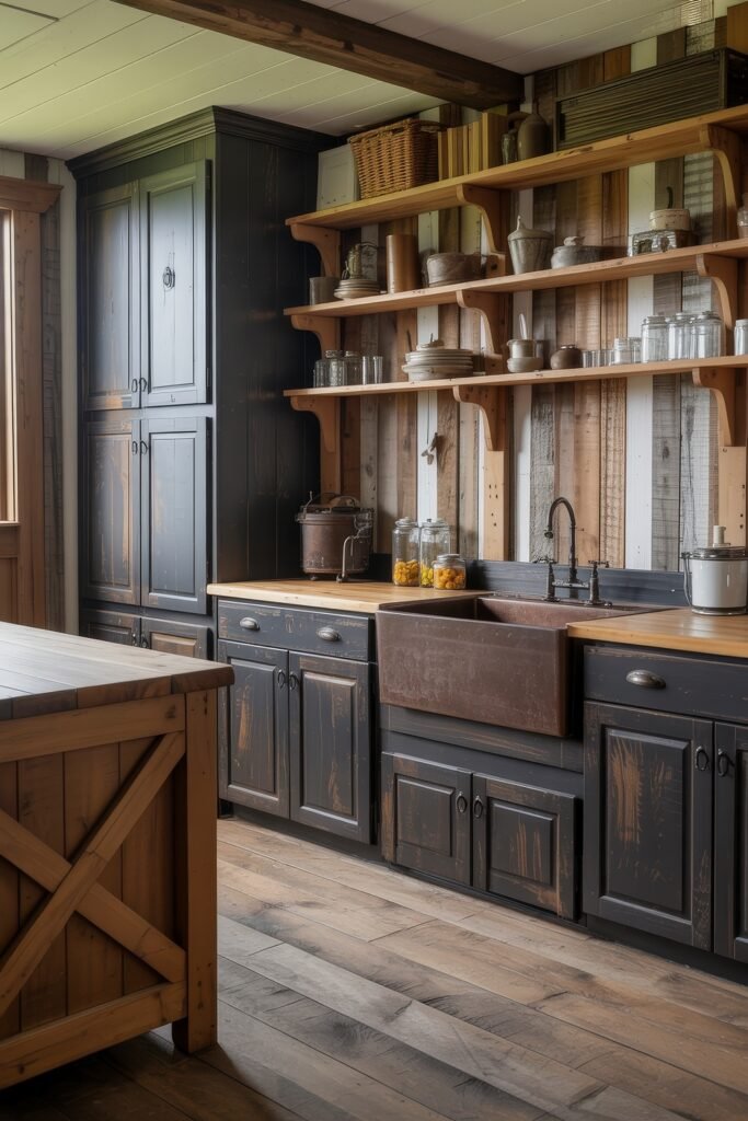 Stunning Ways to Style Black Kitchen Cabinets 12 Farmhouse-style kitchen featuring black kitchen cabinets with worn finishes, a deep farmhouse sink, wood countertops, and open shelving on a backdrop of reclaimed wood paneling in mixed tones.