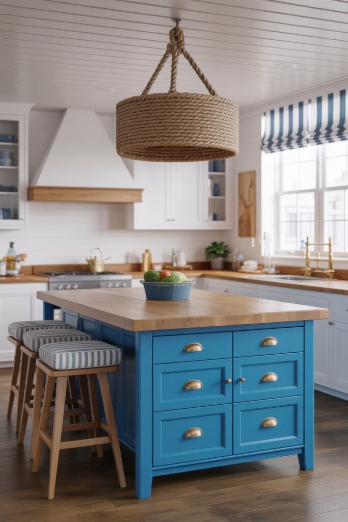 Inspiring Looks for Blue Kitchen Cabinets in Every Style 11 Coastal-inspired kitchen with a vibrant blue island, natural wood countertops, white cabinetry, striped stools, and a rope pendant light for nautical charm.