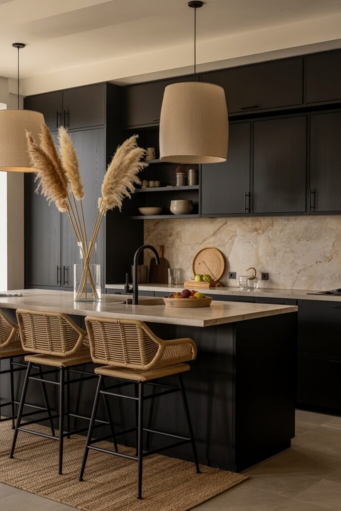 Chic Ways to Style a Modern Black Kitchen 10 Inviting modern black kitchen featuring rattan bar stools, neutral pendant lights, pampas grass centerpiece, and a marble-look backsplash with natural textures.