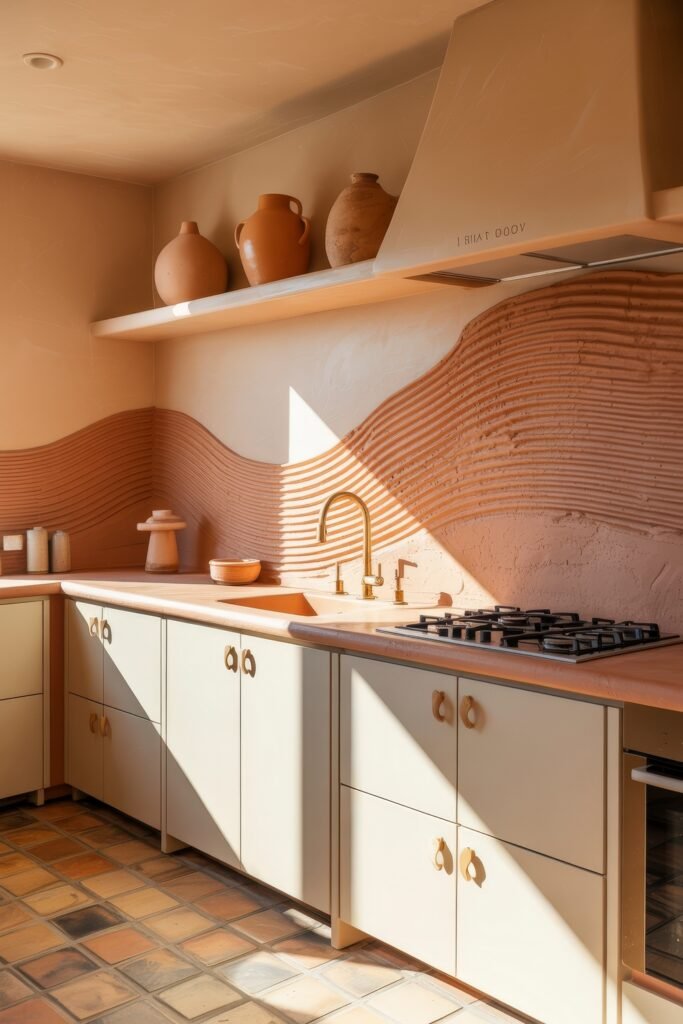 Inspiring Styles to Refresh Your White Kitchen Cabinets 9 Artistic desert-themed kitchen with smooth beige cabinets, a sculpted clay-textured backsplash, and earthy pottery, all bathed in warm sunlight.
