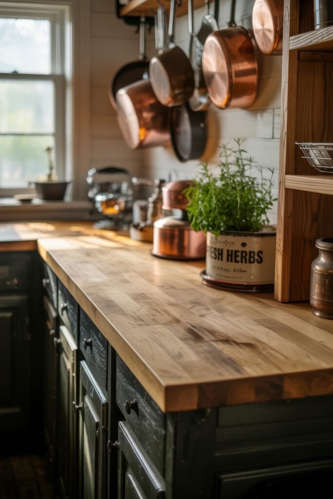 Stunning Ways to Style Black Kitchen Cabinets 13 Close-up of a cozy kitchen workspace with worn black cabinetry, a butcher block countertop, potted herbs, and copper pots hanging from a wooden rack beneath open shelving.