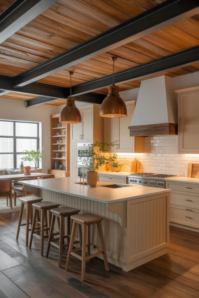 Rustic‑Modern Kitchen Ideas for Warm, Sleek Style 10 Inviting rustic modern kitchen with cream cabinetry, a large island with wooden stools, warm pendant lights, wood beam ceiling, and subway tile backsplash lit by soft under-cabinet lighting.