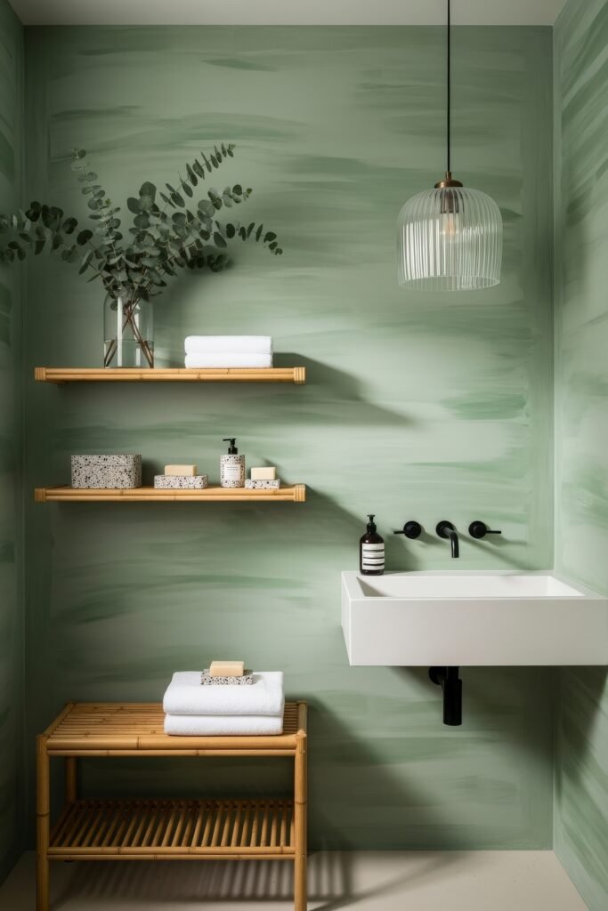 Creative Ways to Elevate Your Bathroom Wall Decor 11 Serene bathroom with sage green walls, a floating white sink, black fixtures, and bamboo accents including a bench and open shelves, enhanced by minimal bathroom decor and soft lighting.