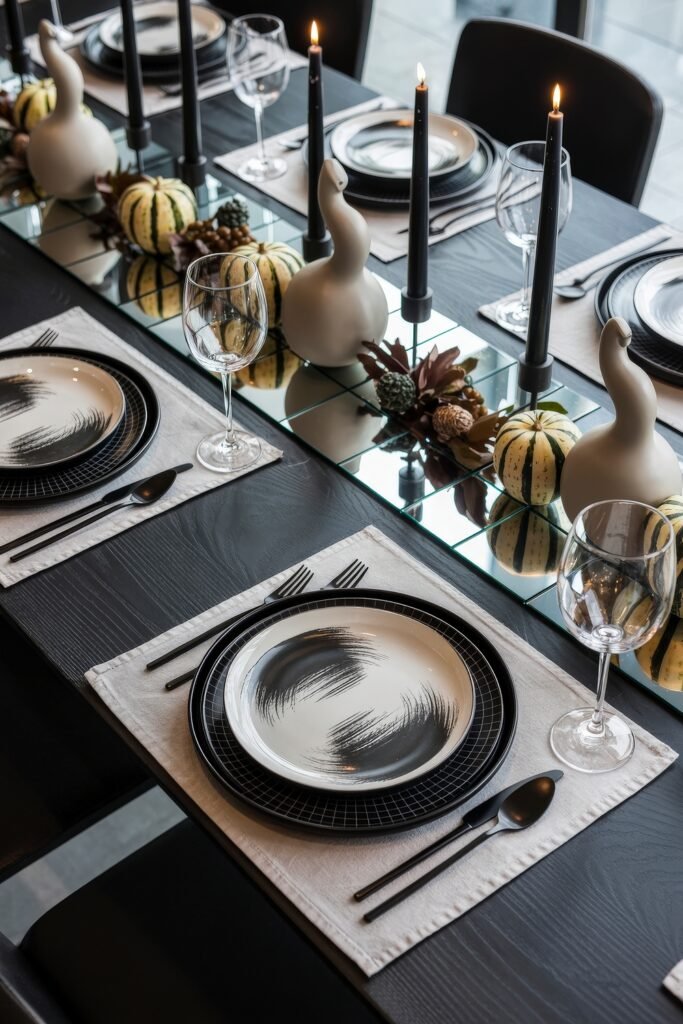 Monochrome Marvels: Black & White Thanksgiving Tablescapes 11 Stylish black and white thanksgiving tablescape with abstract brushstroke plates, mirrored centerpiece with striped gourds, matte ceramic bird figurines, black taper candles, and sleek tableware.