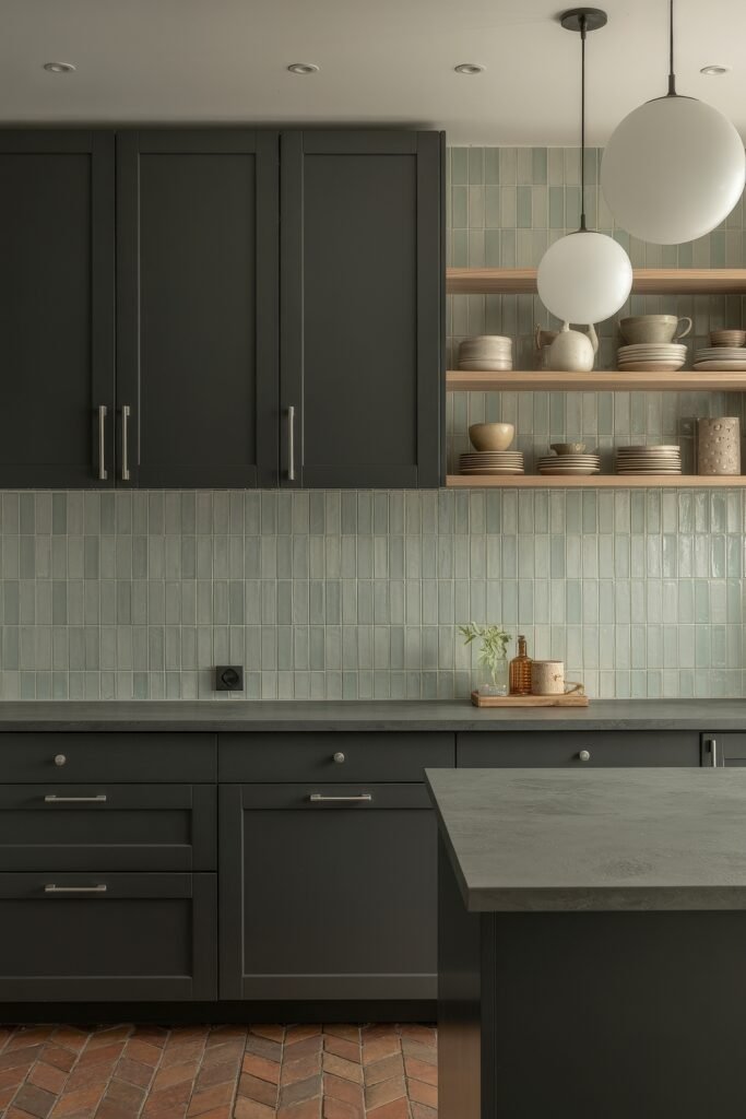 Stunning Ways to Style Black Kitchen Cabinets 14 Contemporary kitchen with matte black kitchen cabinets, soft green vertical tile backsplash, minimalist open shelving, and spherical pendant lights over a concrete countertop island.