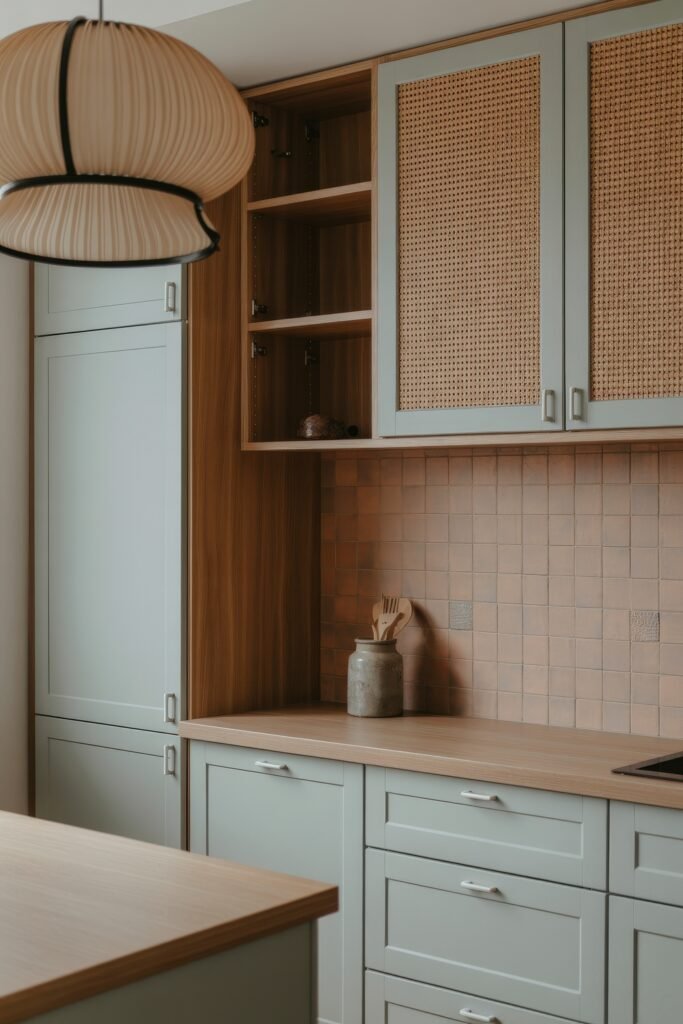 Inspiring Looks for Blue Kitchen Cabinets in Every Style 12 Minimalist kitchen with light sage cabinetry, rattan-fronted upper cabinets, warm wood accents, and soft peach-toned tile backsplash creating a calm, organic feel.