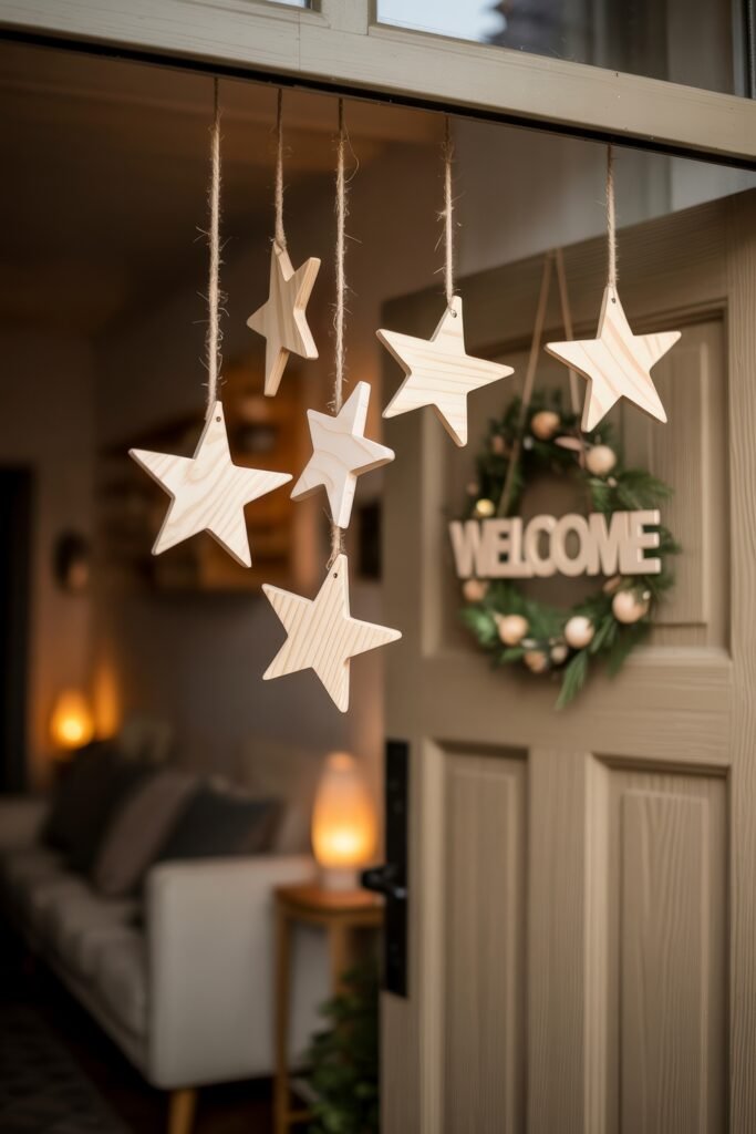Front Door Cheer: Christmas Door Decorations Outdoor Ideas 14 A cozy interior doorway features hanging wooden star ornaments and a wreath with a “Welcome” sign, softly lit in a warm and inviting holiday atmosphere.