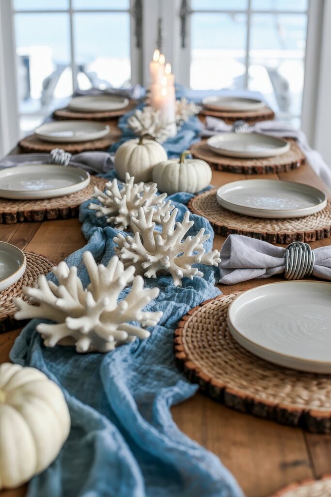 Breezy Blues & Driftwood Accents: Coastal Thanksgiving Tablescapes 10 A beach-inspired Thanksgiving table adorned with faux white coral, white pumpkins, soft blue gauze fabric, and rustic wood slice placemats, completing a coastal thanksgiving tablescape.