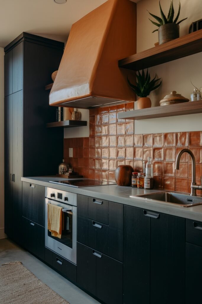 Chic Ways to Style a Modern Black Kitchen 11 Modern black kitchen featuring dark cabinetry, terracotta square tile backsplash, a matching range hood, open shelving with plants and pottery, and a minimalist concrete countertop.